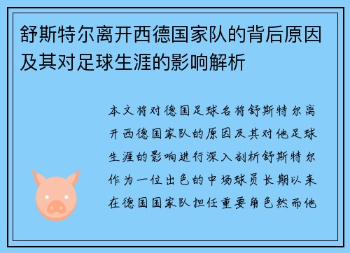 舒斯特尔离开西德国家队的背后原因及其对足球生涯的影响解析